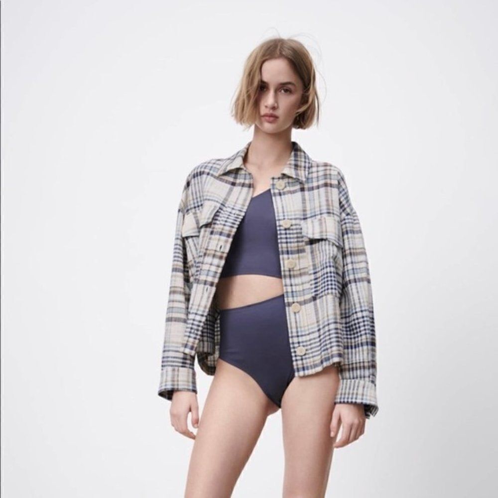 ZARA Plaid Overshirt White Turquoise Unlined - Picture 6 of 7